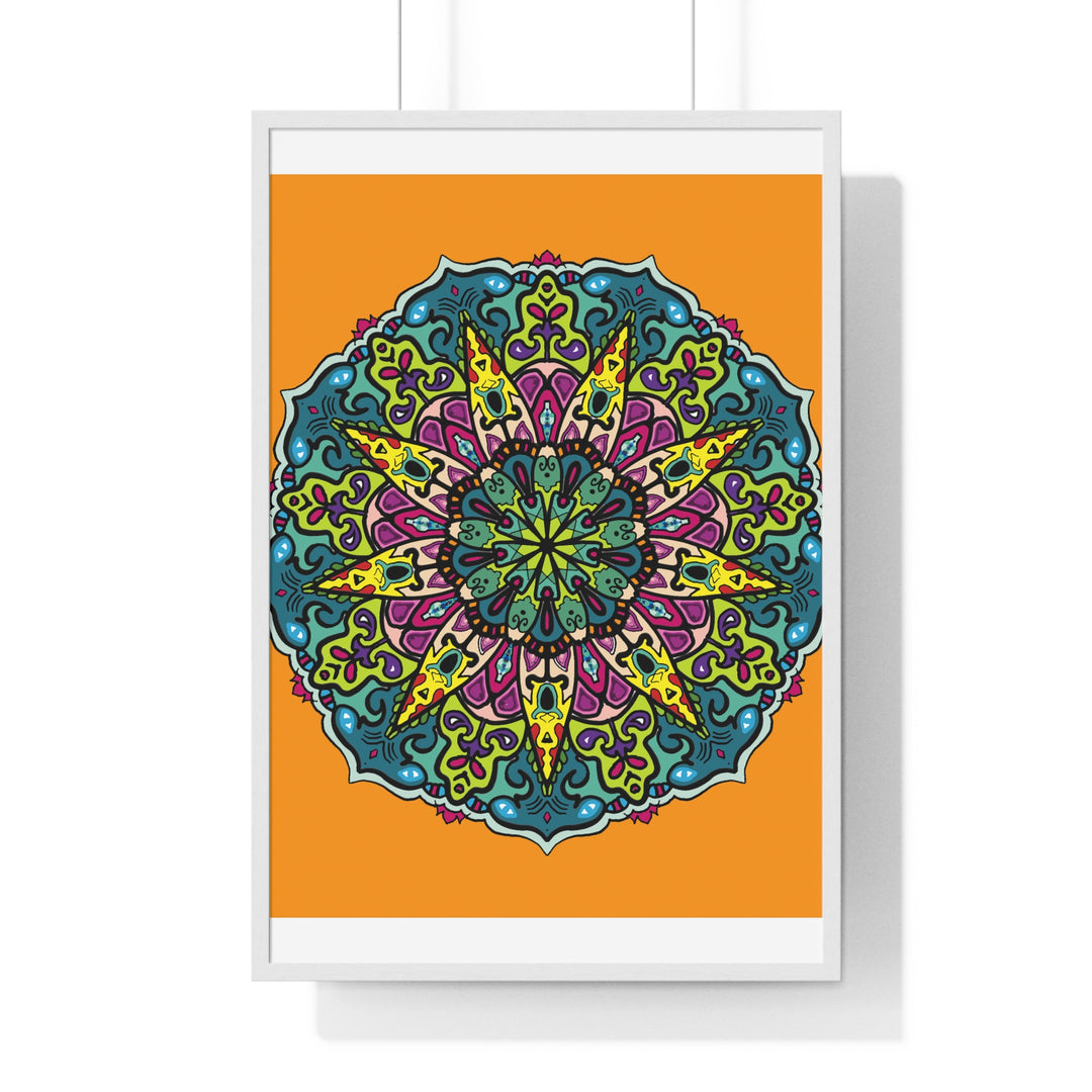 Vertical framed poster featuring a hand-drawn orange mandala art, perfect for mindfulness and yoga practice