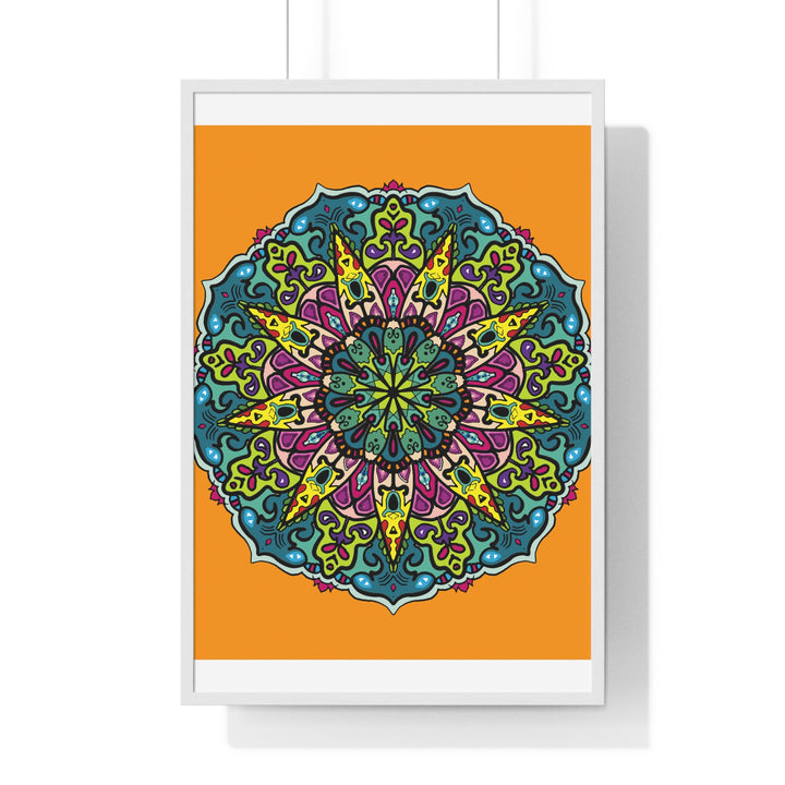 Vertical framed poster featuring a hand-drawn orange mandala art, perfect for mindfulness and yoga practice