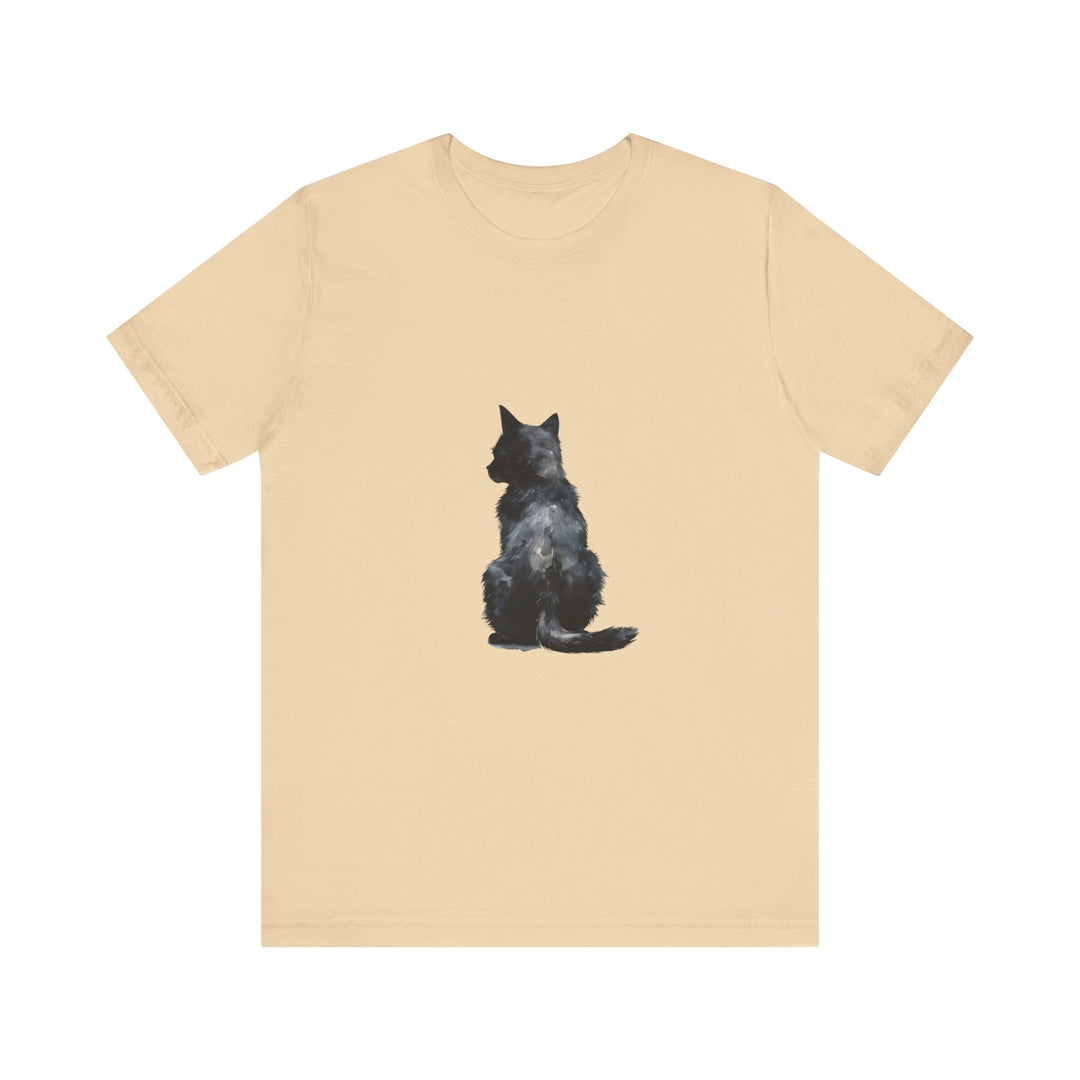 Black Cat Watercolor T-Shirt featuring a mystical design in shades of black and purple, perfect for cat lovers and those who appreciate unique, artistic fashion