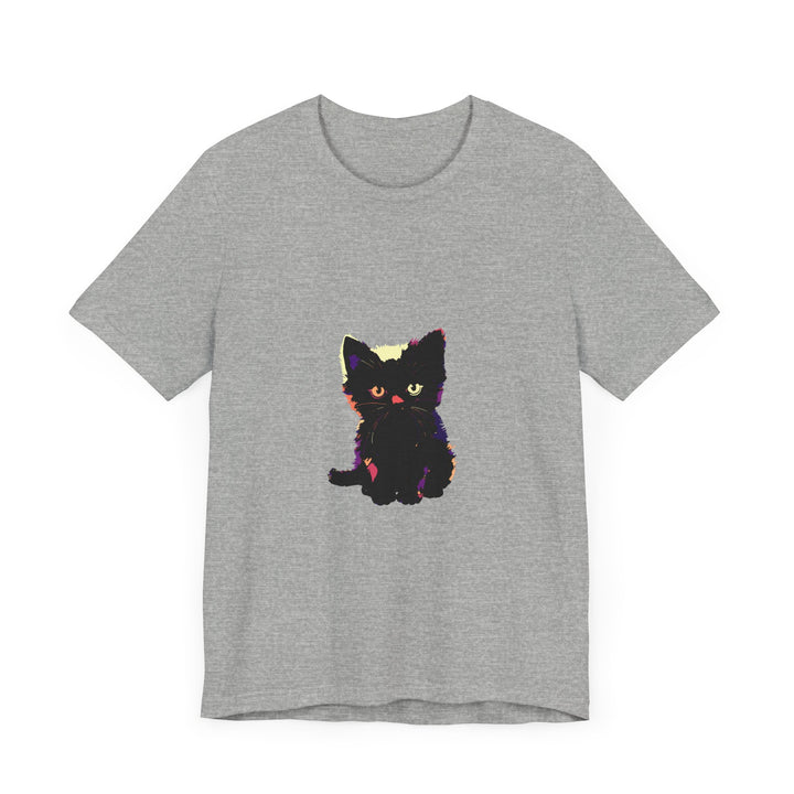 A close-up image of a cute black cat graphic tee with intricate details and vibrant colors, perfect for cat lovers and casual wear