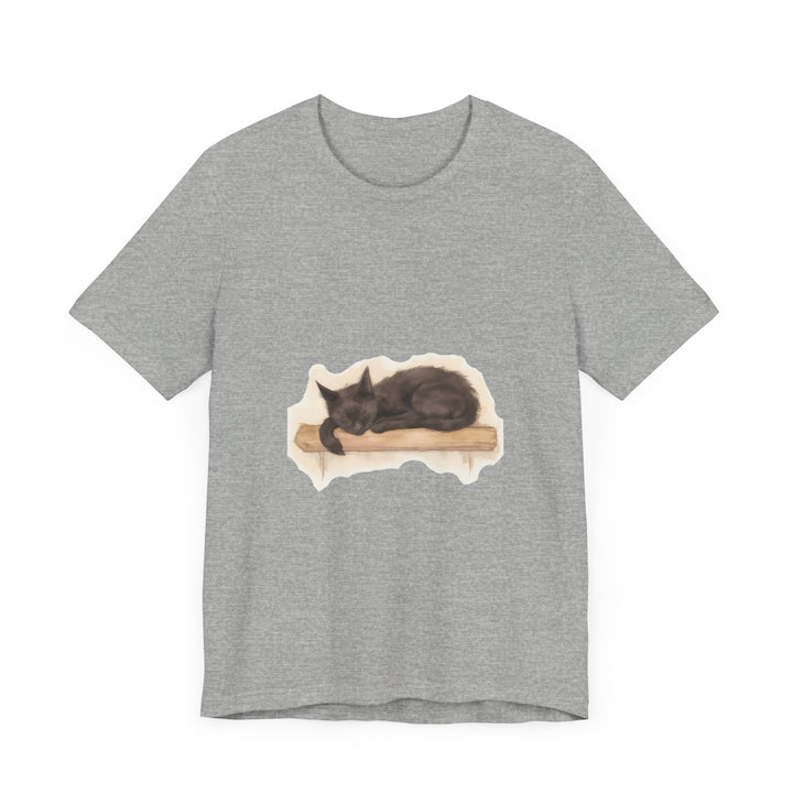 A detailed watercolor illustration of a sleeping black cat on a comfortable t-shirt