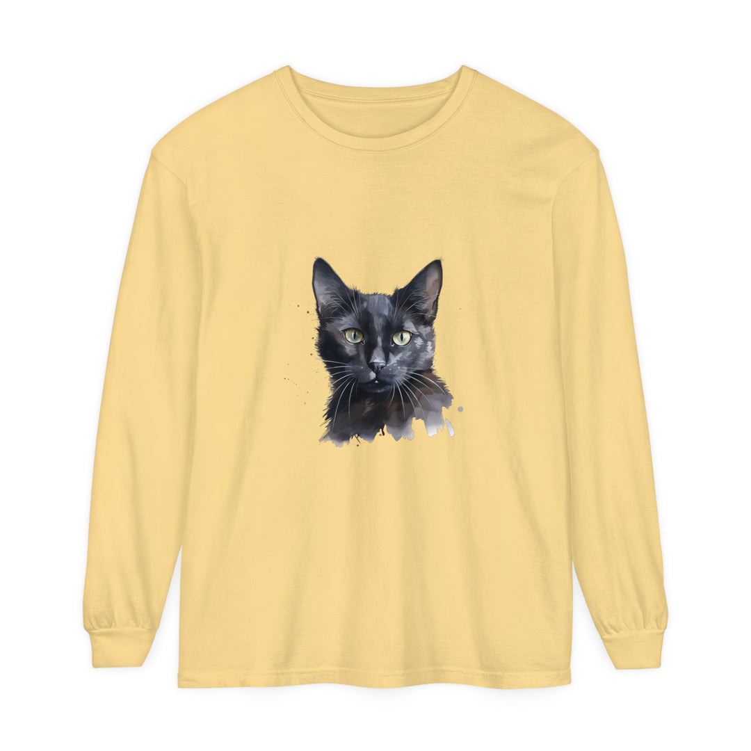 A black cat with mesmerizing watercolor design on a mystical long sleeve t-shirt