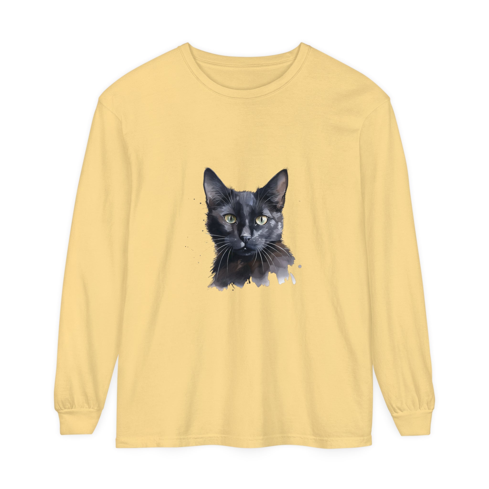 A black cat with mesmerizing watercolor design on a mystical long sleeve t-shirt