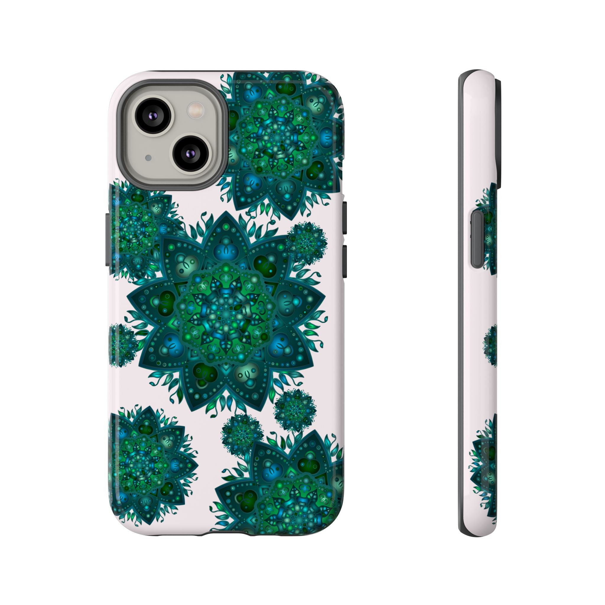 Beautiful light pink and green mandala phone case with a peaceful design