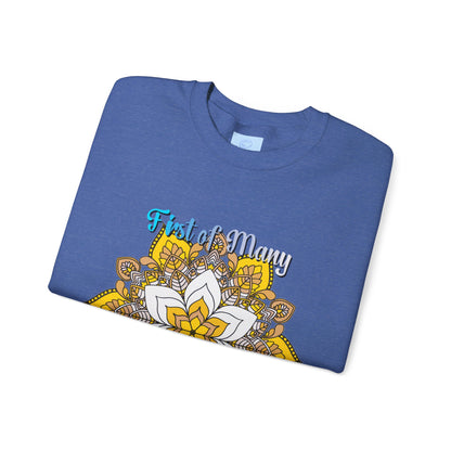 First Year Wedding Anniversary Gift - First of Many, Paper Anniversary Unisex Heavy Blend™ Crewneck Sweatshirt in heather grey, perfect for celebrating a milestone