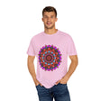 Unisex Mandala T-Shirt featuring hand-drawn mandala art on 100% ring-spun cotton, garment-dyed for extra comfort and style