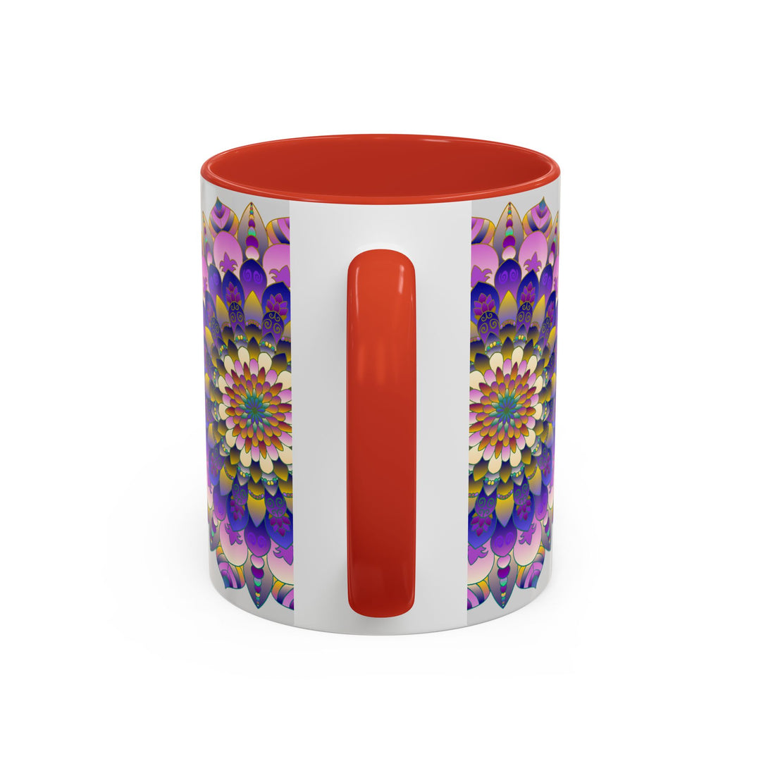 A beautiful mandala art mug featuring vibrant colors on a grey background