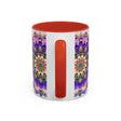 A beautiful mandala art mug featuring vibrant colors on a grey background