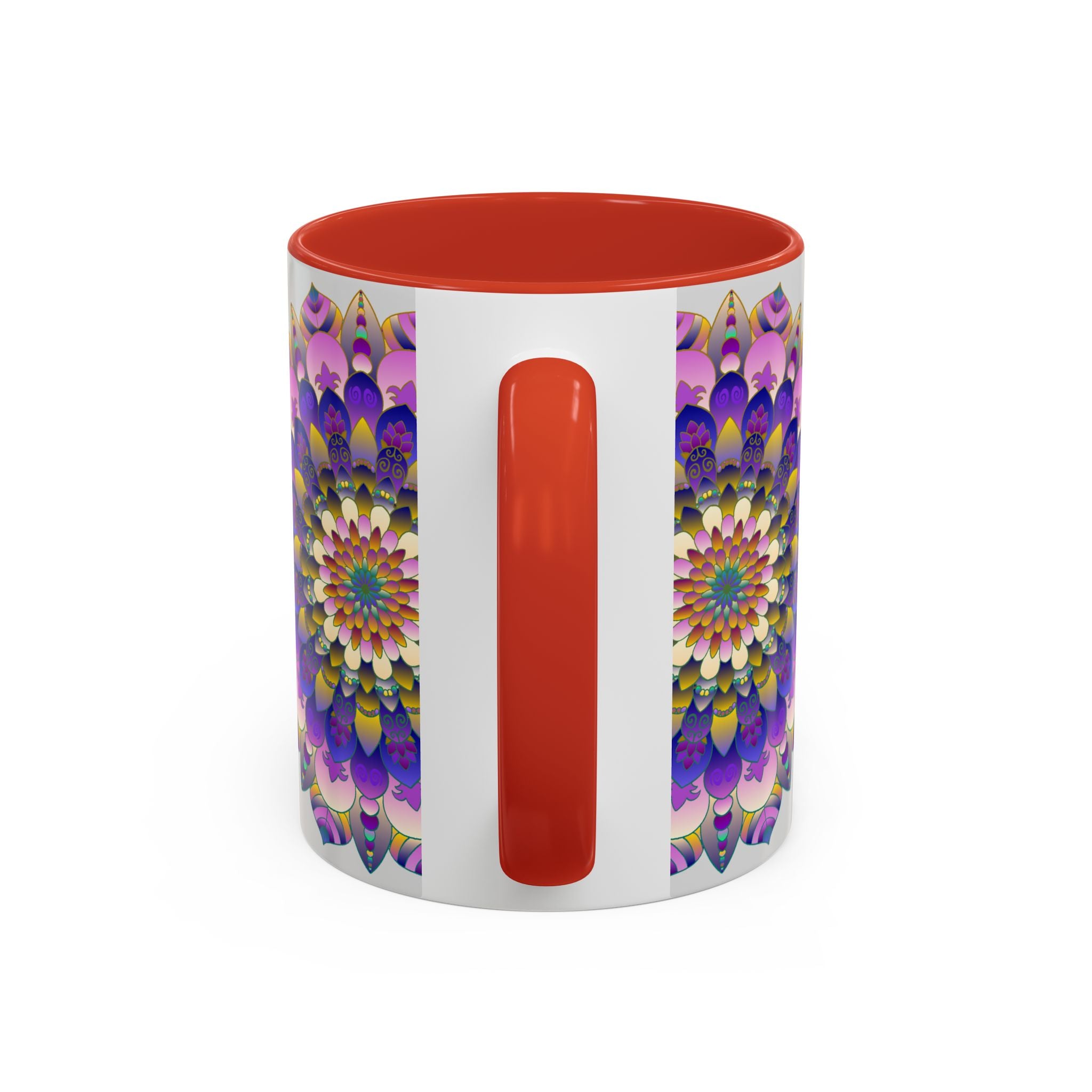 A beautiful mandala art mug featuring vibrant colors on a grey background