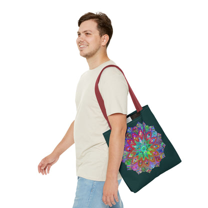 Eye-catching dark green tote bag with colorful and detailed mandala pattern