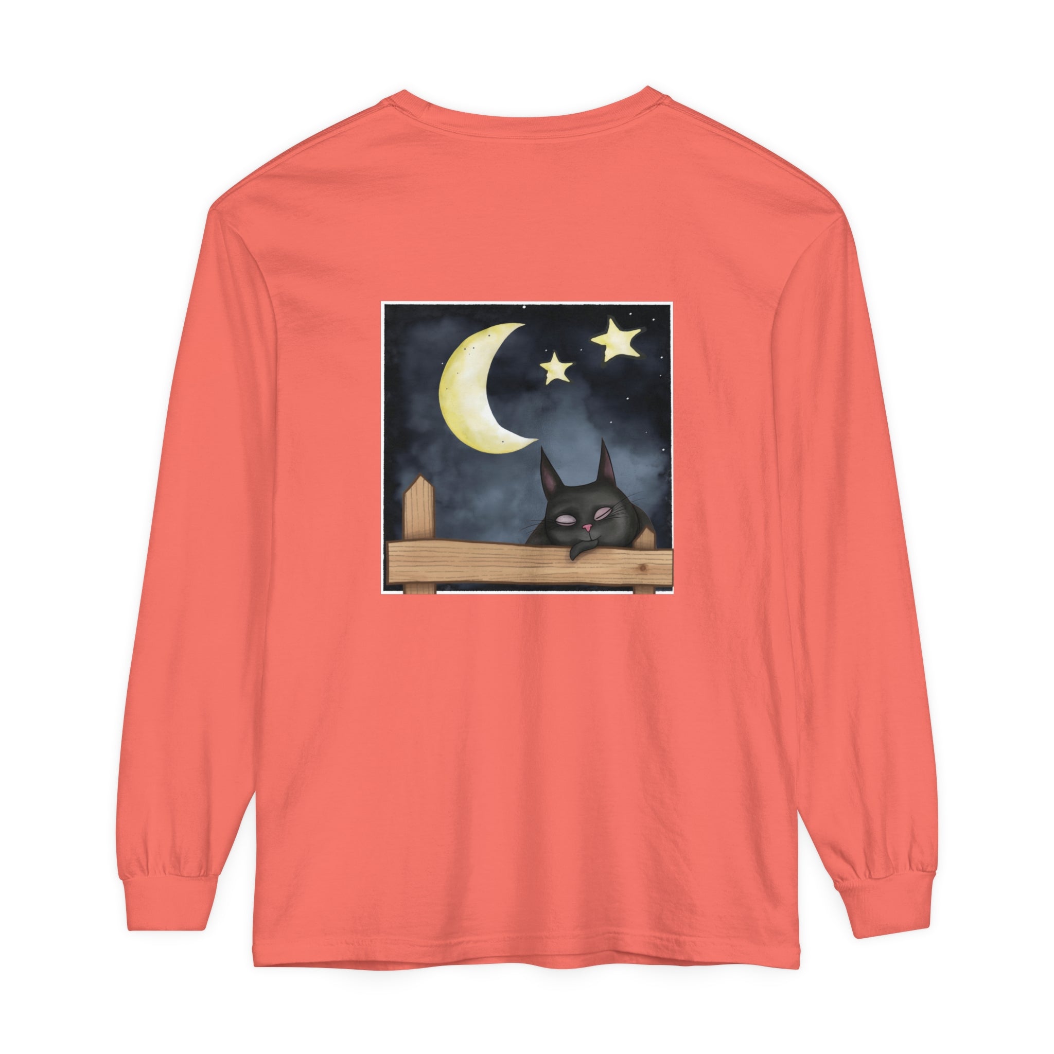 Sleepy Cat Night Sky T-Shirt featuring a cute cat gazing at the stars against a dark blue background