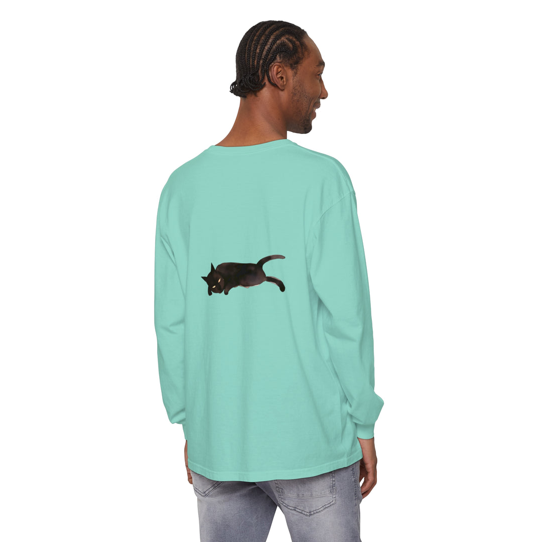 Unisex long sleeve t-shirt with a cute and stylish sleeping black cat illustration