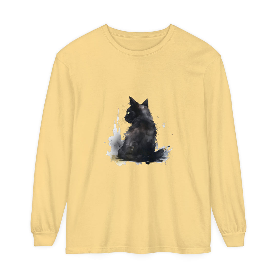 Black Cat Watercolor Dream - Long Sleeve T-Shirt featuring a vibrant watercolor design of a black cat lounging against a dreamy backdrop