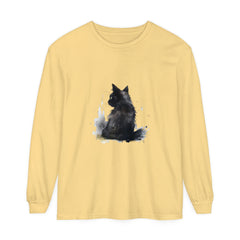 Black Cat Watercolor Dream - Long Sleeve T-Shirt featuring a vibrant watercolor design of a black cat lounging against a dreamy backdrop