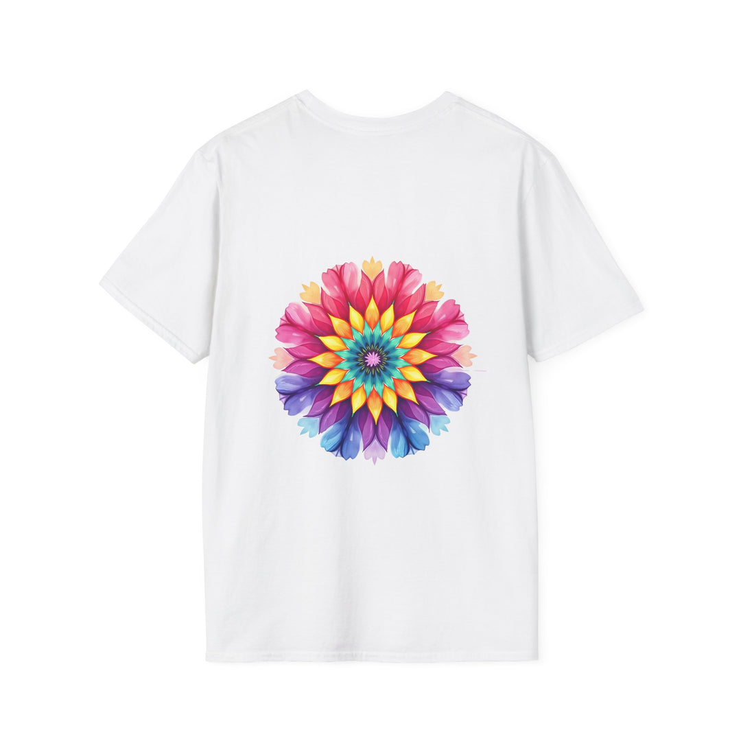 White t-shirt featuring a colorful floral mandala design with inspiring quote