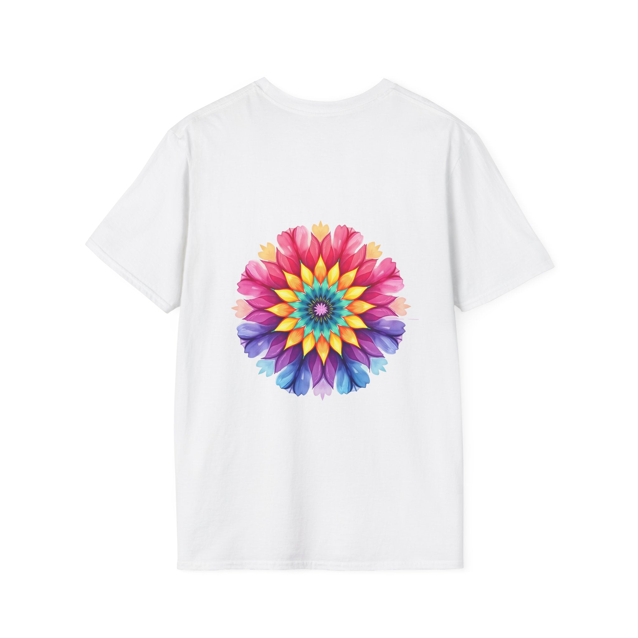 White t-shirt featuring a colorful floral mandala design with inspiring quote