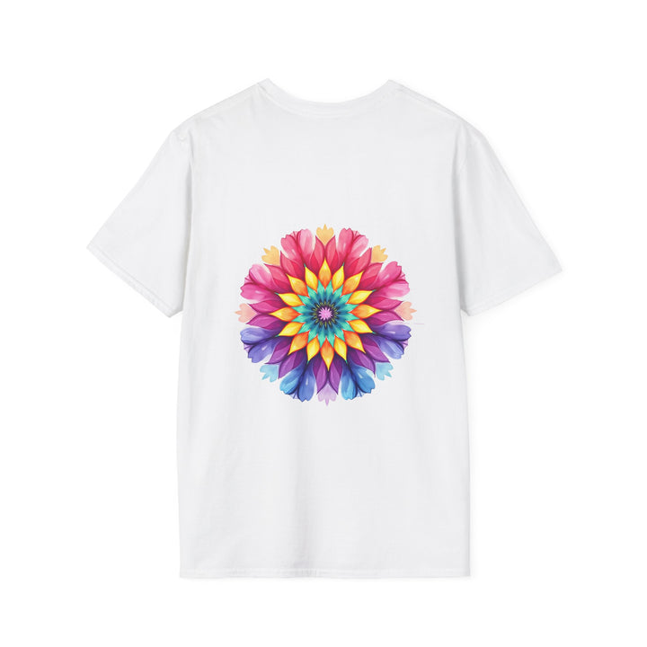 White t-shirt featuring a colorful floral mandala design with inspiring quote