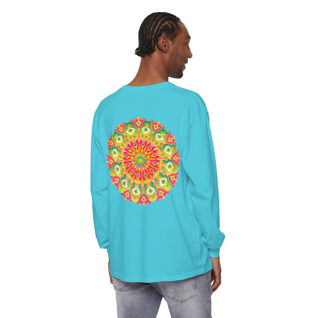 Colorful long sleeve t-shirt featuring an intricate mandala design in vibrant hues