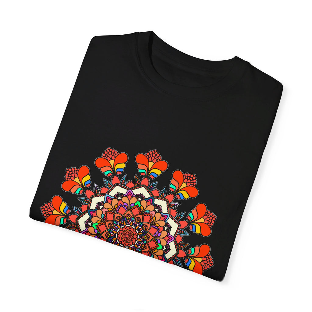 Unisex Mandala T-Shirt showcasing intricate hand-drawn mandala art, crafted from 100% ring-spun cotton and garment-dyed for extra comfort and quality