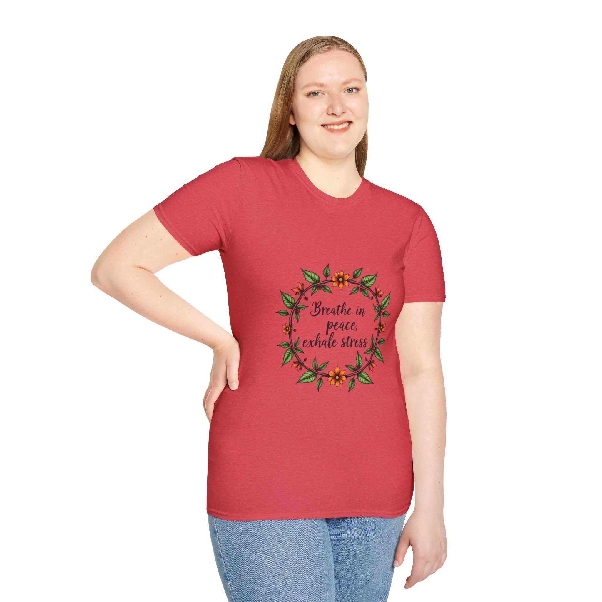 Floral Garland T-Shirt with the motivational phrase 'Breathe in Peace Exhale Stress' in a peaceful and serene design, perfect for bringing a sense of calm and tranquility to your wardrobe