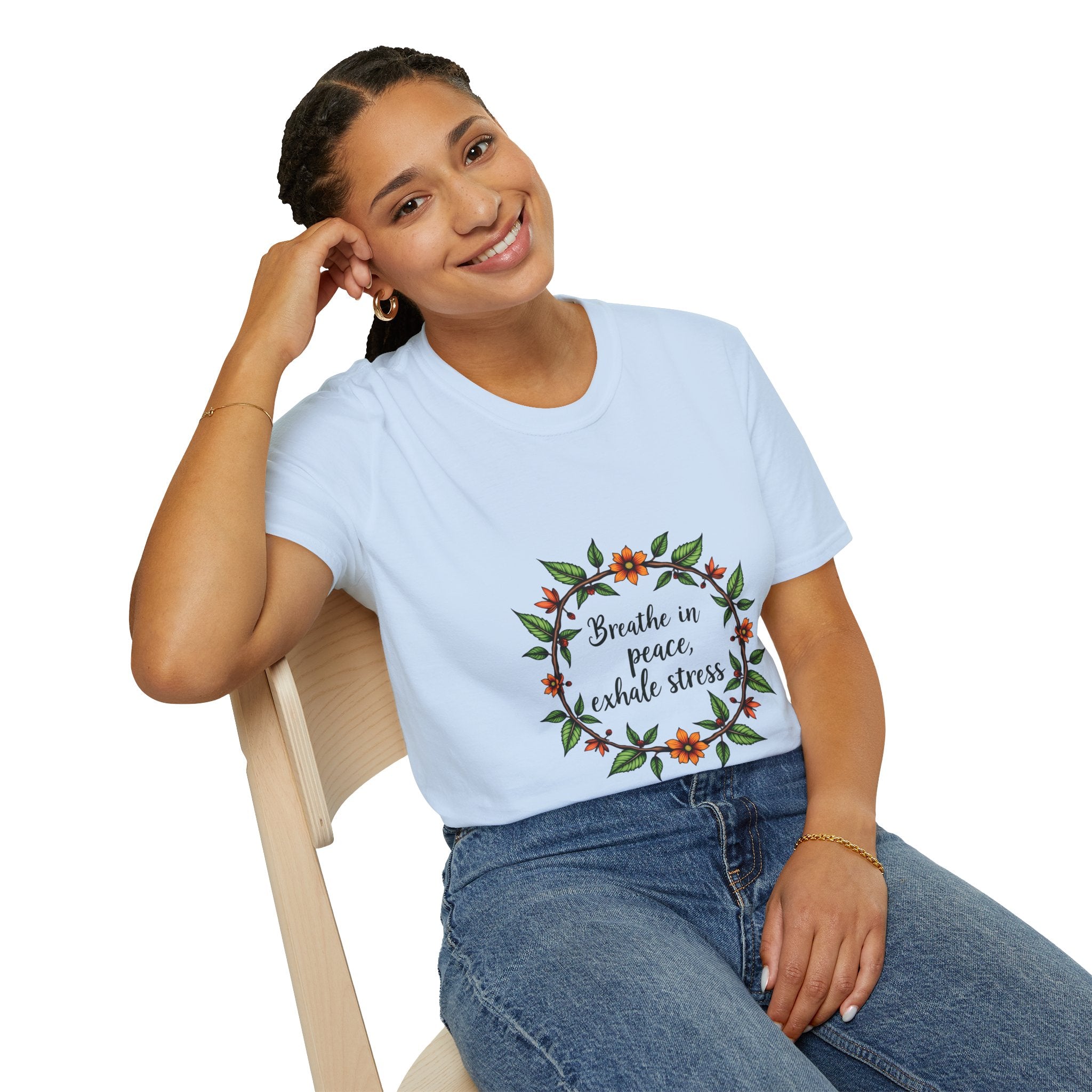 Beautiful floral garland t-shirt with the words 'Breathe in Peace Exhale Stress', perfect for a relaxed and peaceful vibe