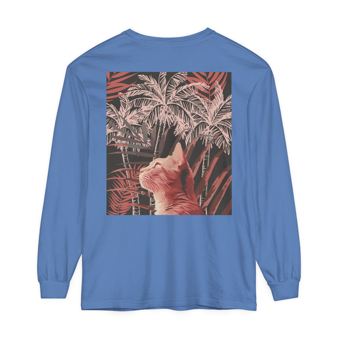 White t-shirt with a ginger cat and palm tree design