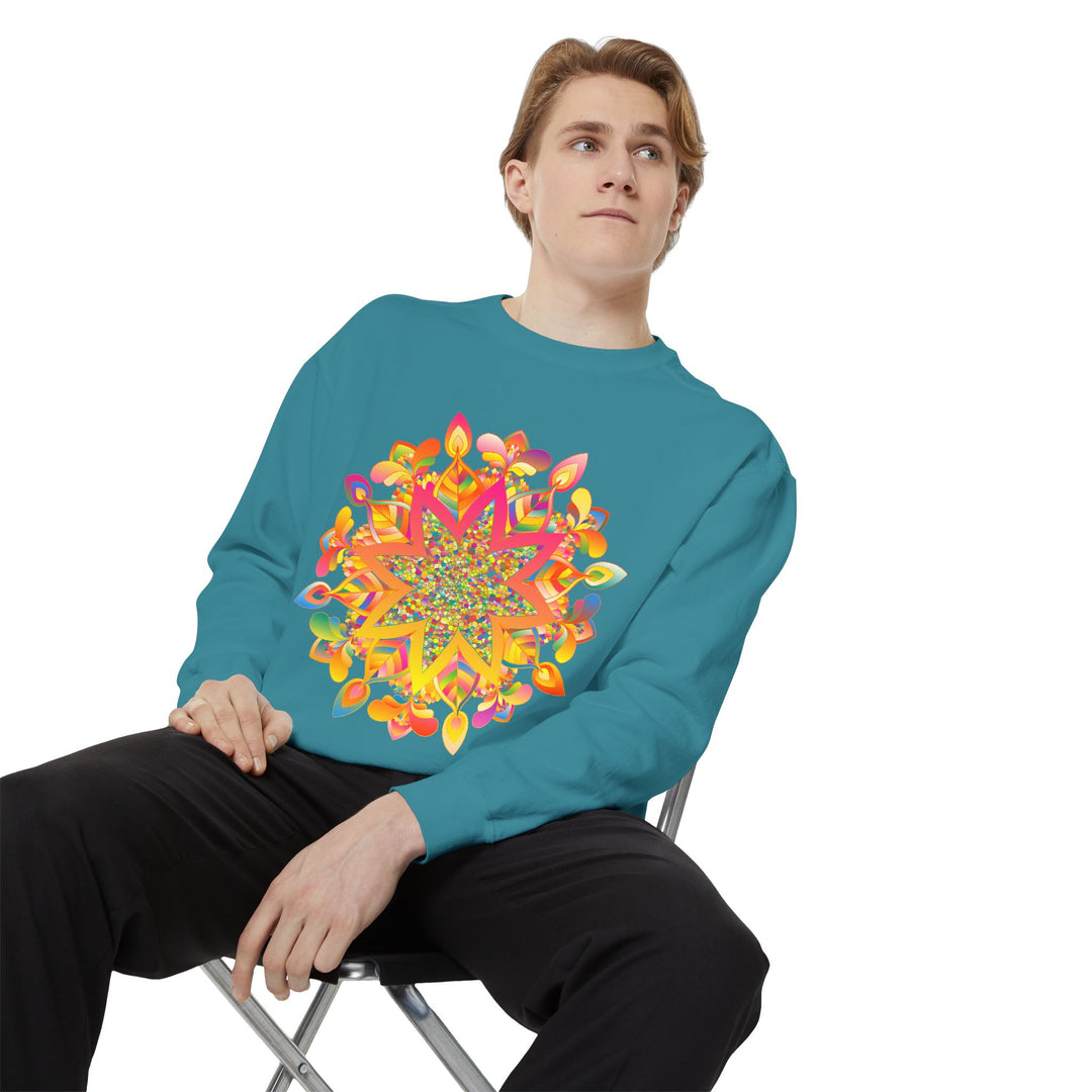 Colorful mandala sweatshirt featuring intricate geometric patterns and vibrant hues