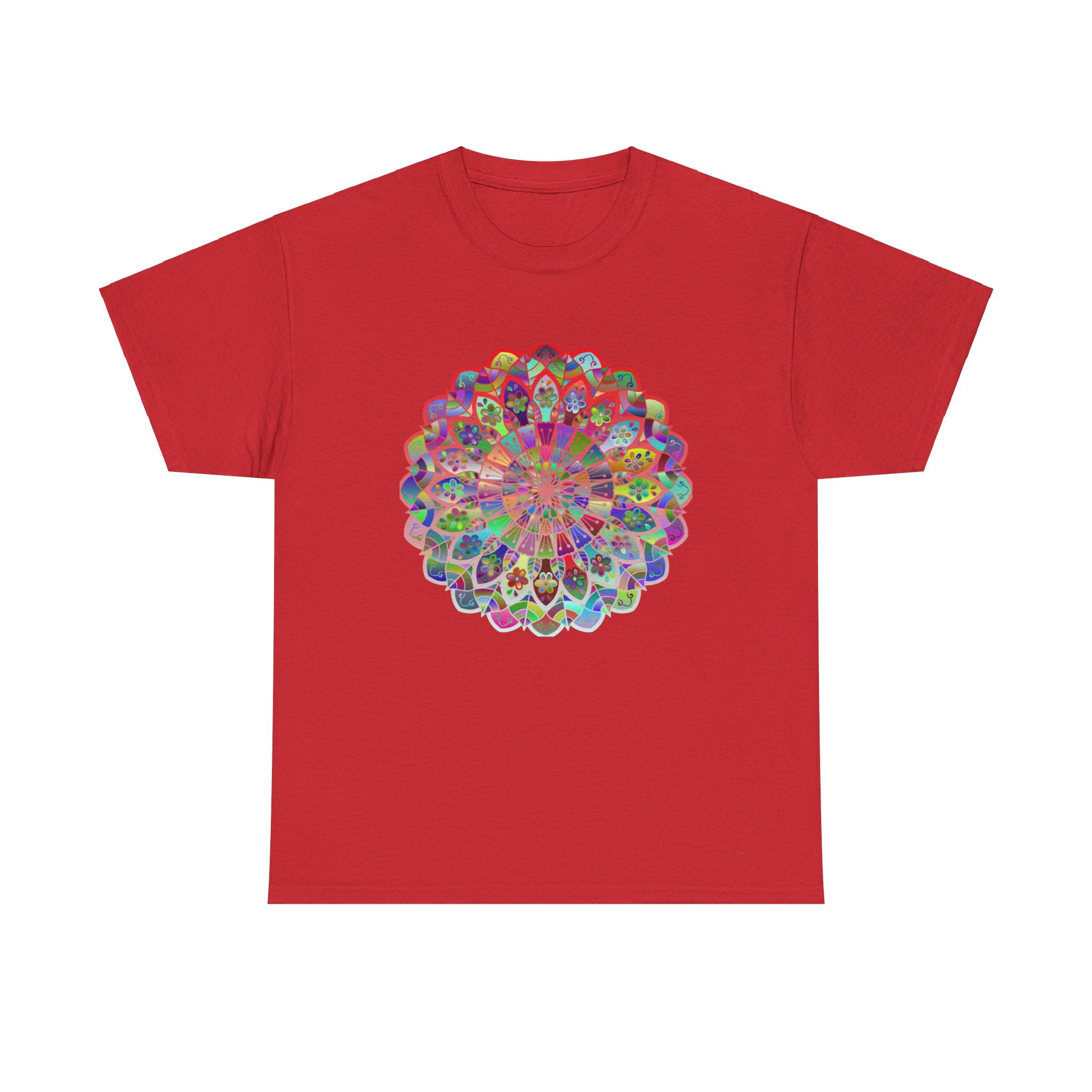 Colorful mandala art design printed on a soft and comfortable unisex heavy cotton t-shirt, perfect for yoga and mindfulness practices