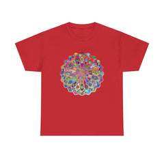 Colorful mandala art design printed on a soft and comfortable unisex heavy cotton t-shirt, perfect for yoga and mindfulness practices