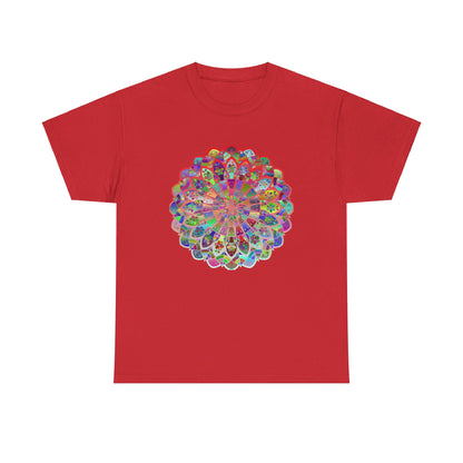 Colorful mandala art design printed on a soft and comfortable unisex heavy cotton t-shirt, perfect for yoga and mindfulness practices