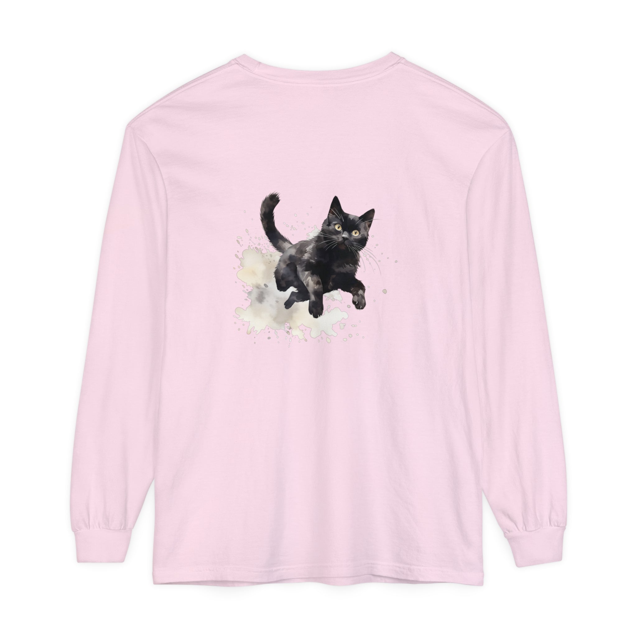 A black t-shirt featuring a watercolor splash design of a cat