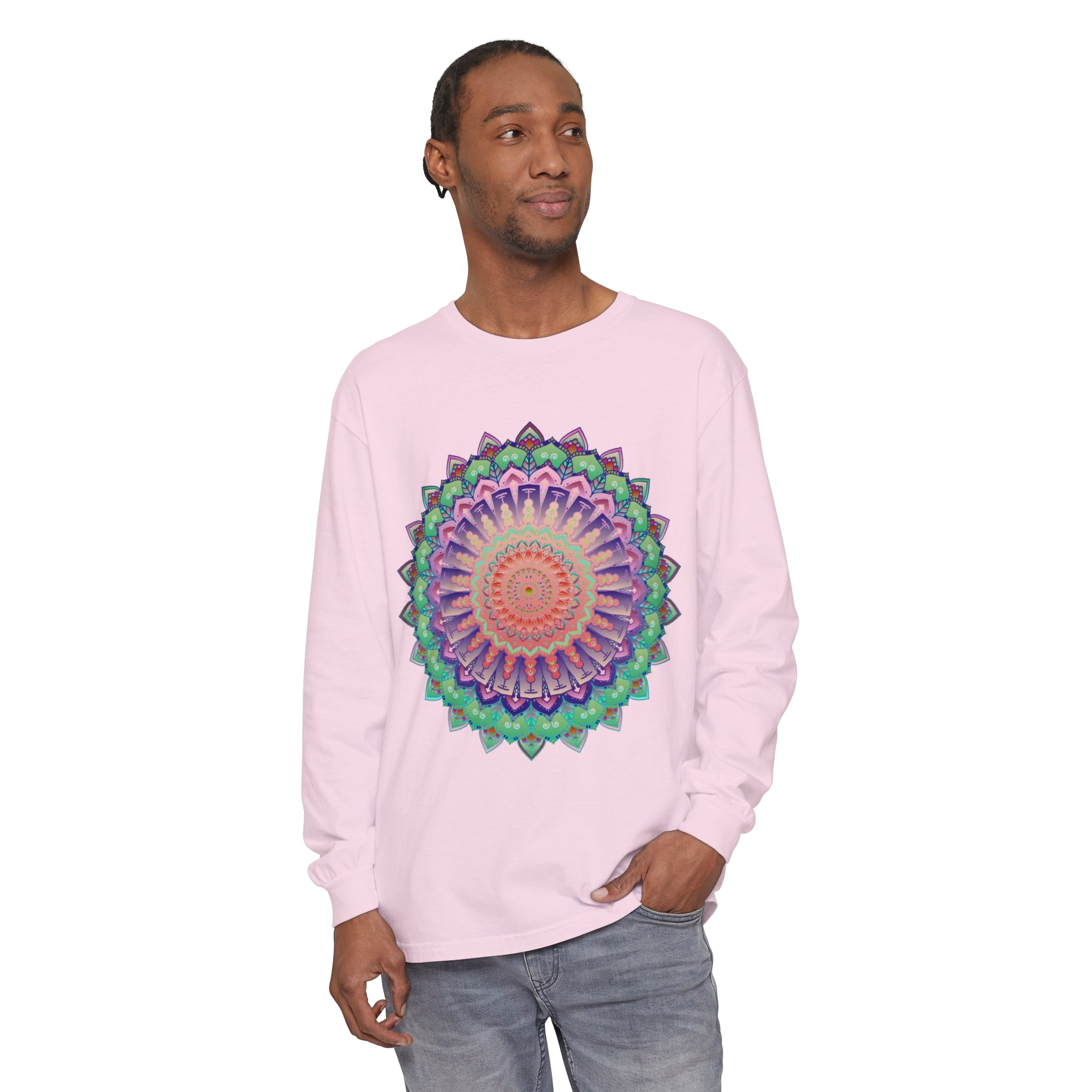 Vibrant Mandala Long Sleeve T-Shirt - Unisex, featuring intricate and colorful mandala design on a comfortable long sleeve shirt for men and women