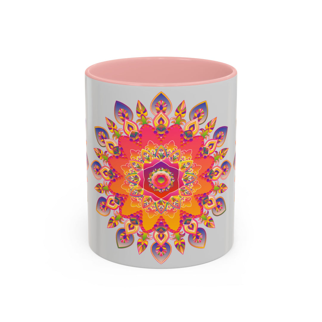 Handcrafted Mandala Art Mug with intricate and vibrant colors on a sleek grey background