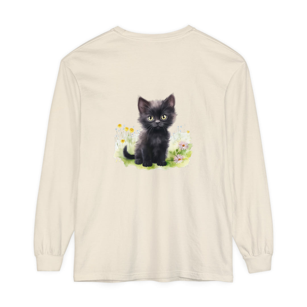 Adorable black kitten sitting in a colorful flower garden, printed on a long sleeve t-shirt