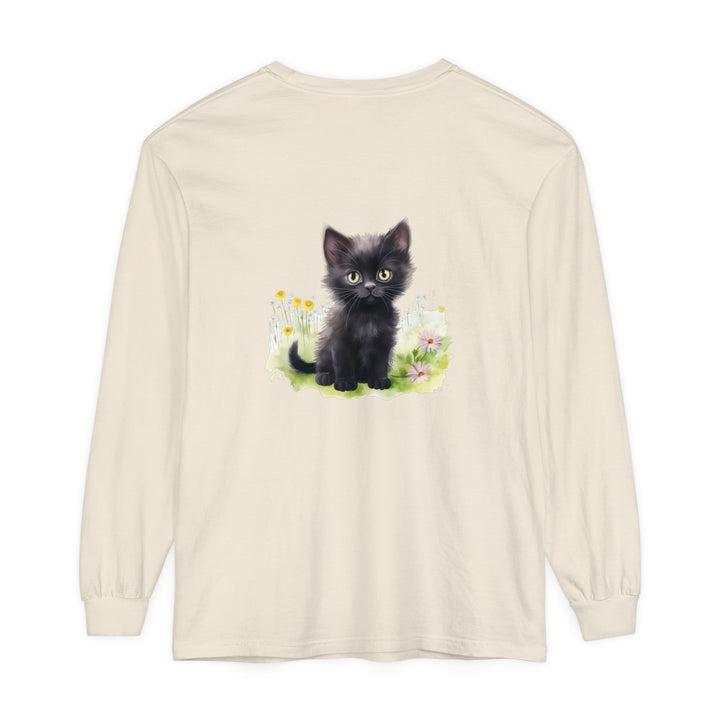 Adorable black kitten sitting in a colorful flower garden, printed on a long sleeve t-shirt