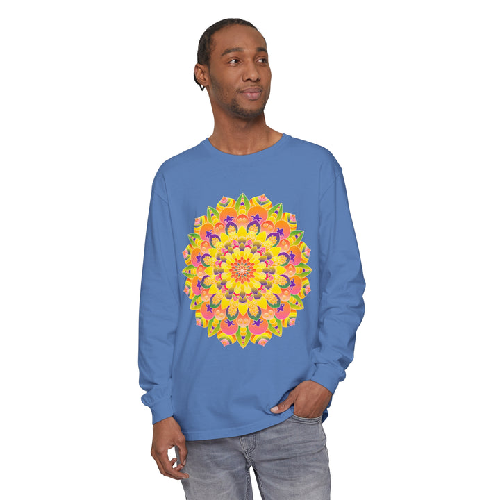 Colorful and intricate mandala design on a unisex long sleeve t-shirt