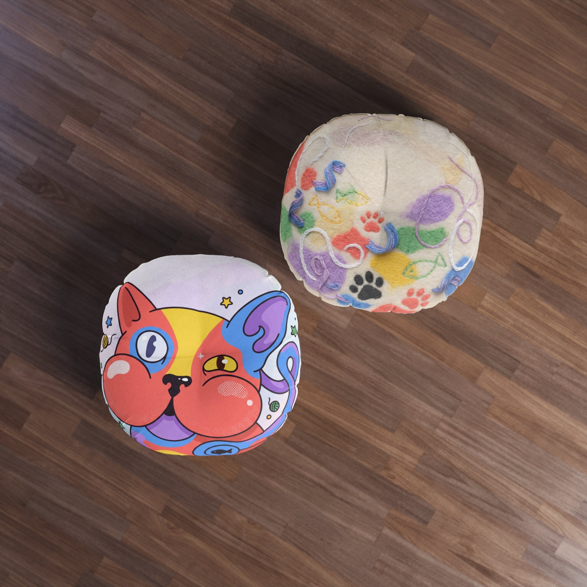 Surreal Cute Cat Round Floor Pillow — Playful Cozy Cushion