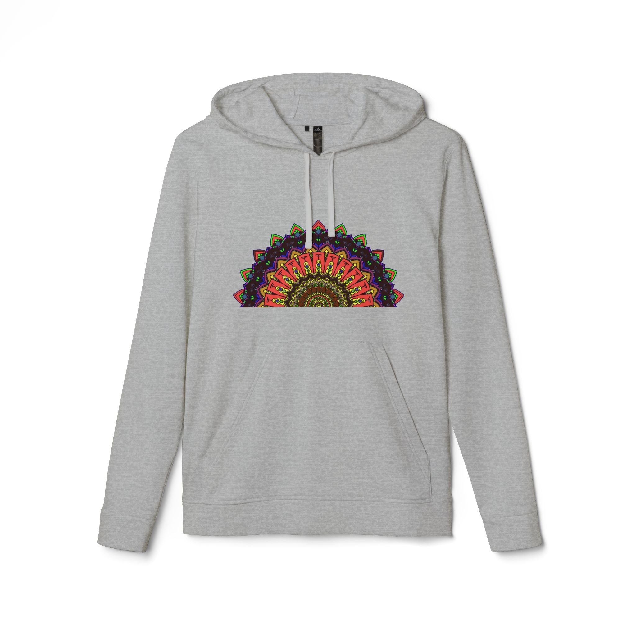 A close-up image of a Blululi Mandala Fleece Hoodie with custom Adidas branding The hoodie features a unique mandala design on the front and is made from soft, comfortable fleece material