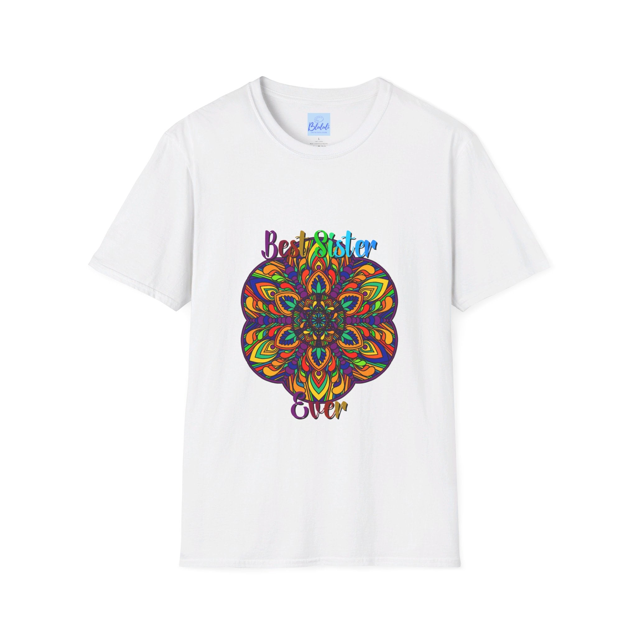 Softstyle unisex t-shirt featuring hand-drawn mandala art design, perfect gift for sister