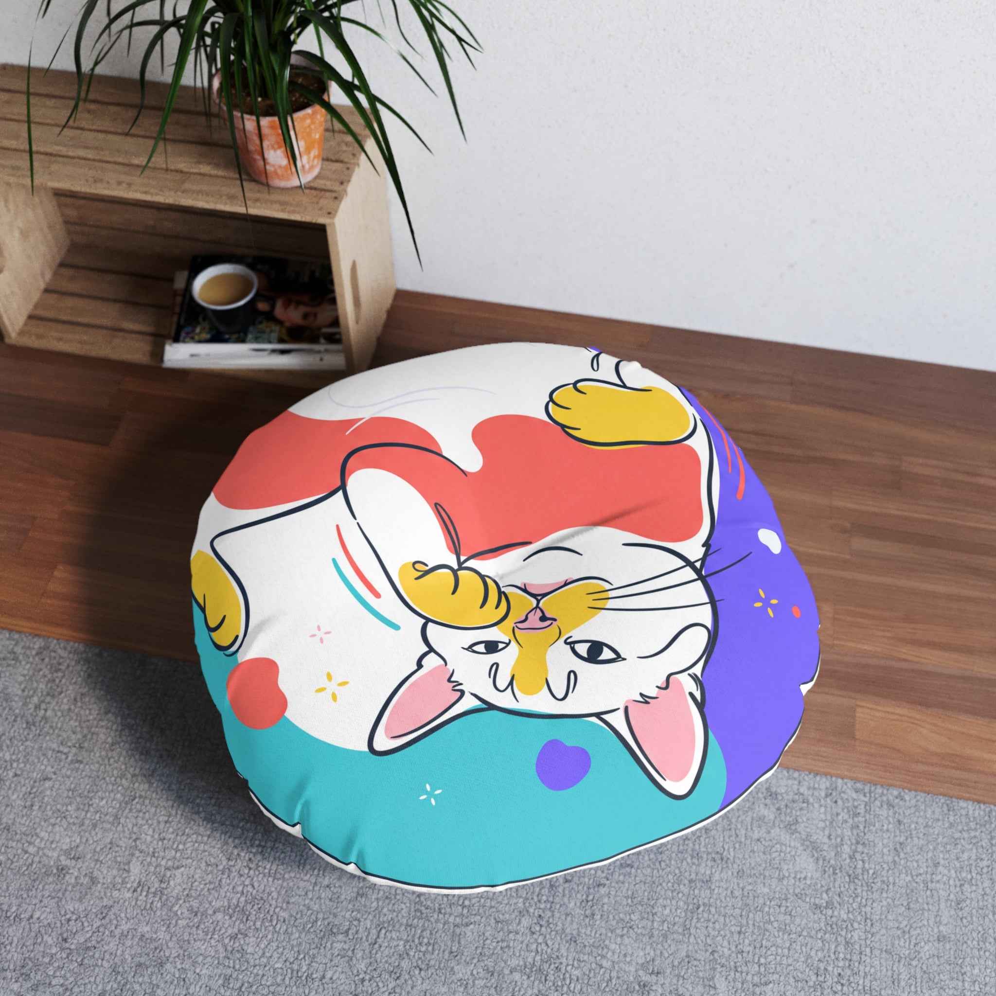 Curling Cat Floor Pillow — Cute Round Cushion
