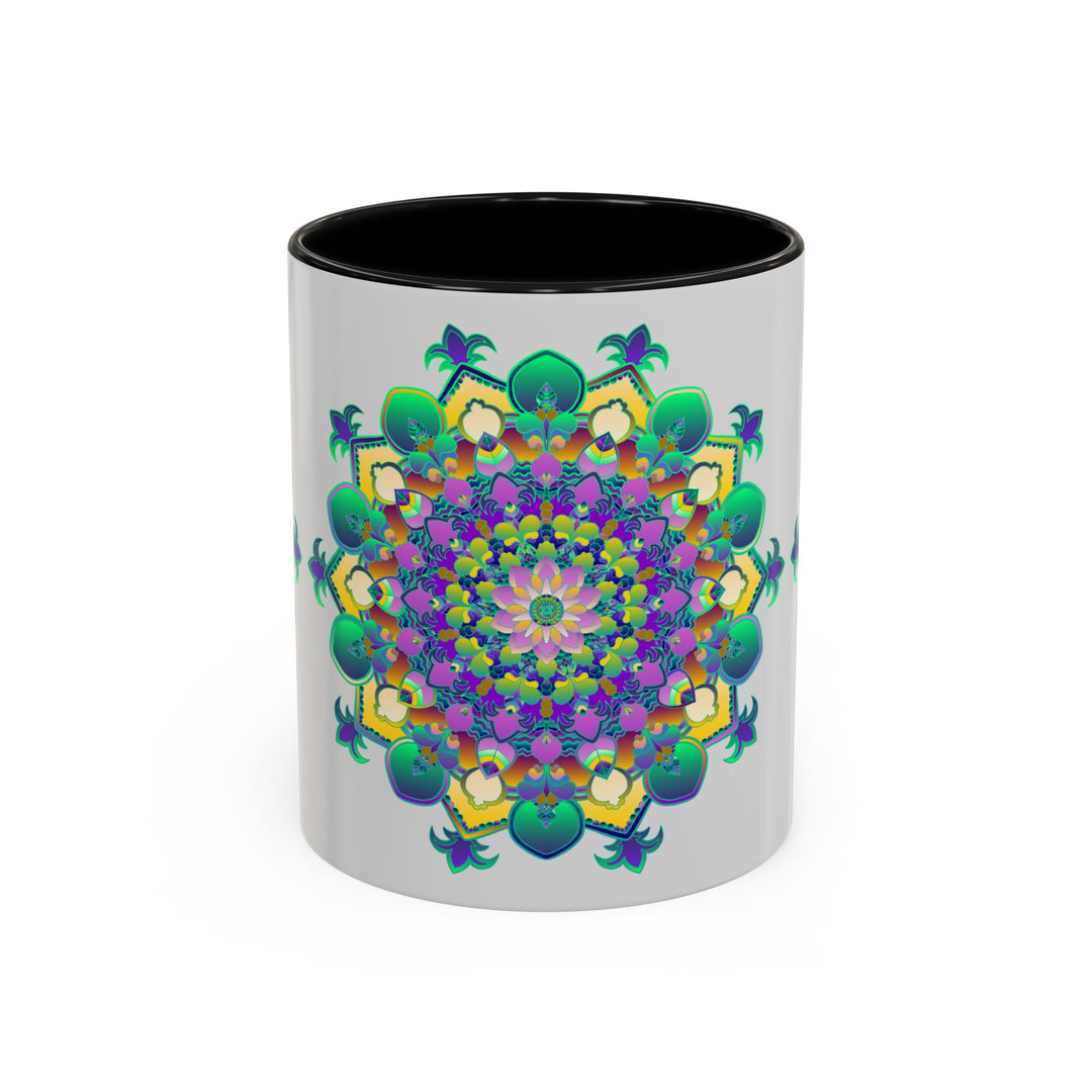 Vibrant mandala art mug in light grey with intricate floral patterns