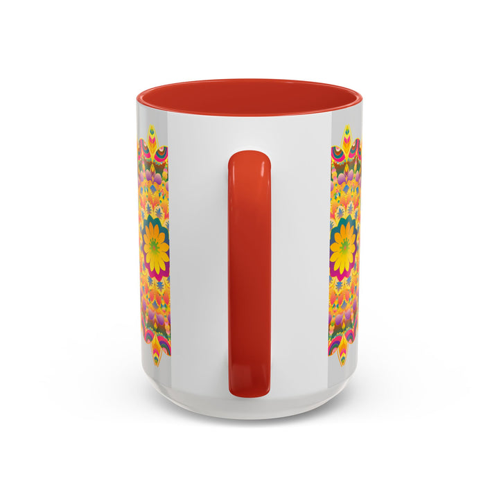 A colorful ceramic mug featuring a vibrant floral mandala design