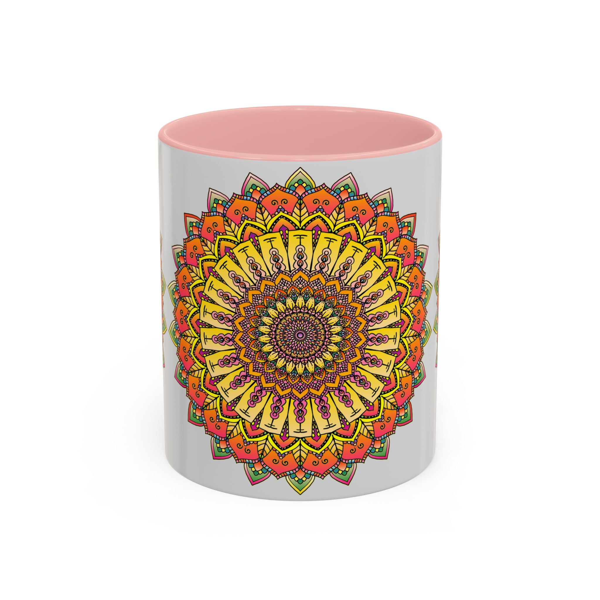 Large coffee mug with vibrant mandala art in various colors on grey background