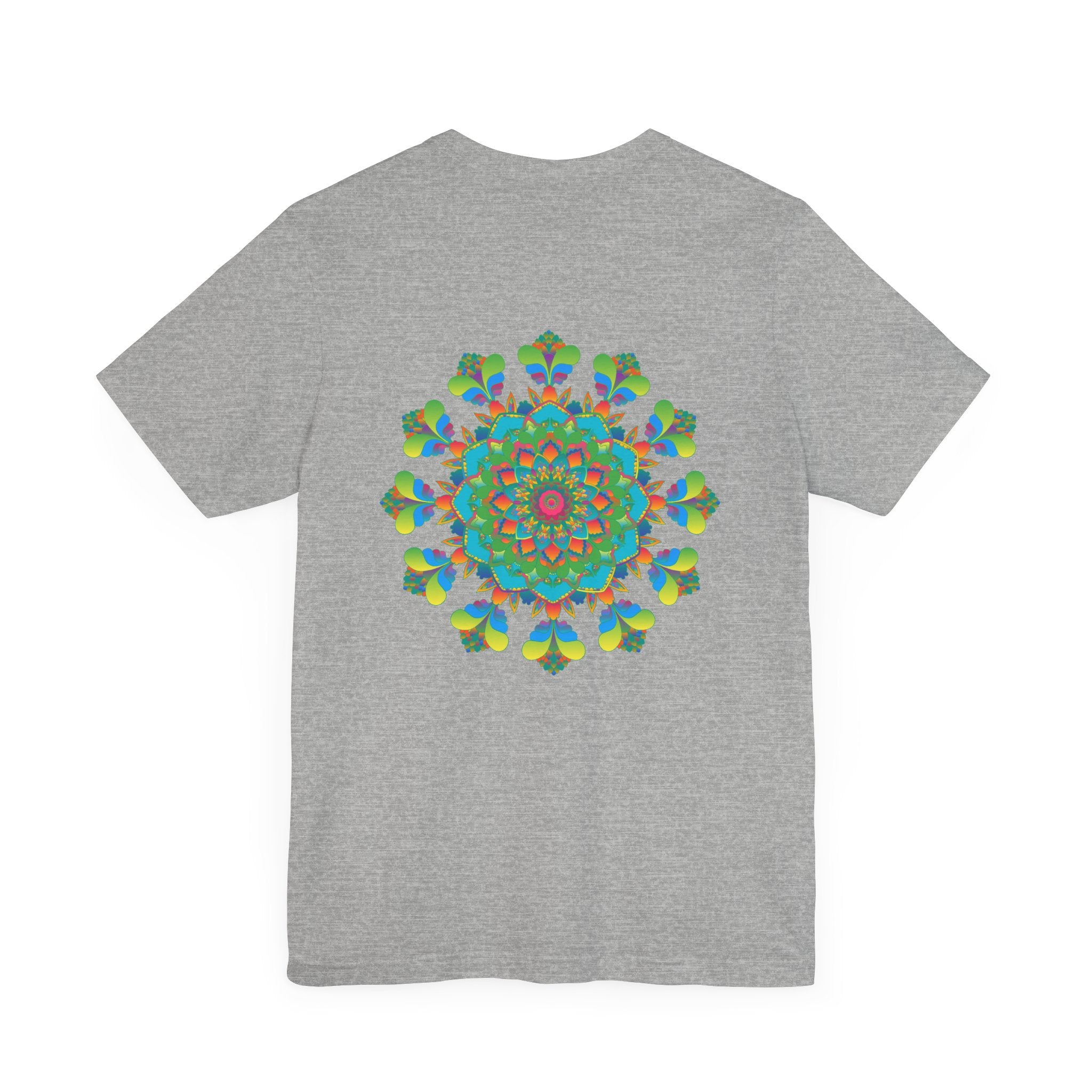 Colorful and intricate psychedelic mandala design on a t-shirt promoting spiritual vibes and positive energy