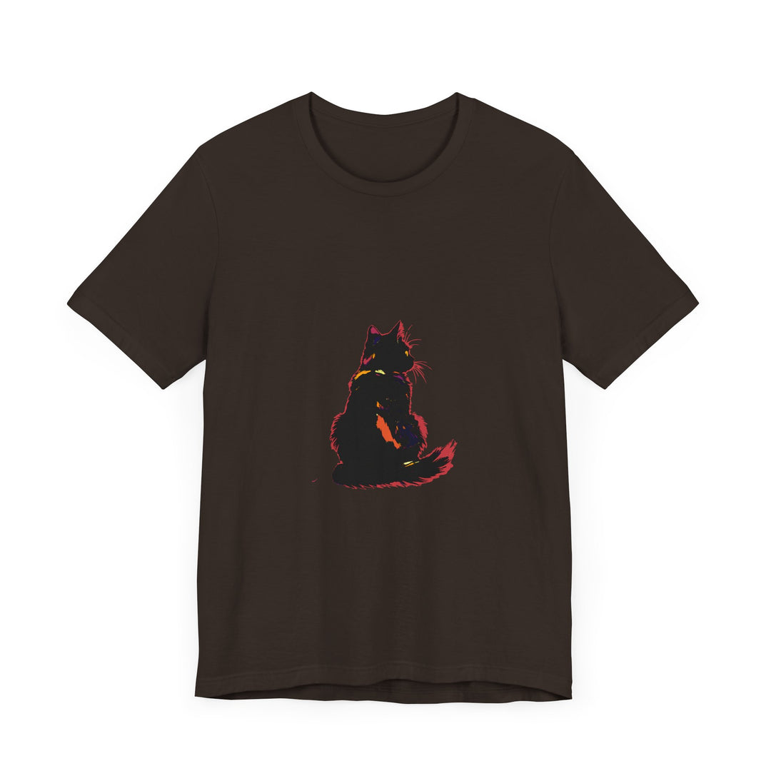 A black t-shirt featuring a mysterious and elegant shadowy black cat design