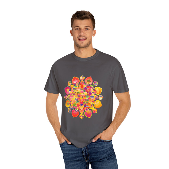 Colorful and intricate hand-drawn mandala design on a vibrant t-shirt