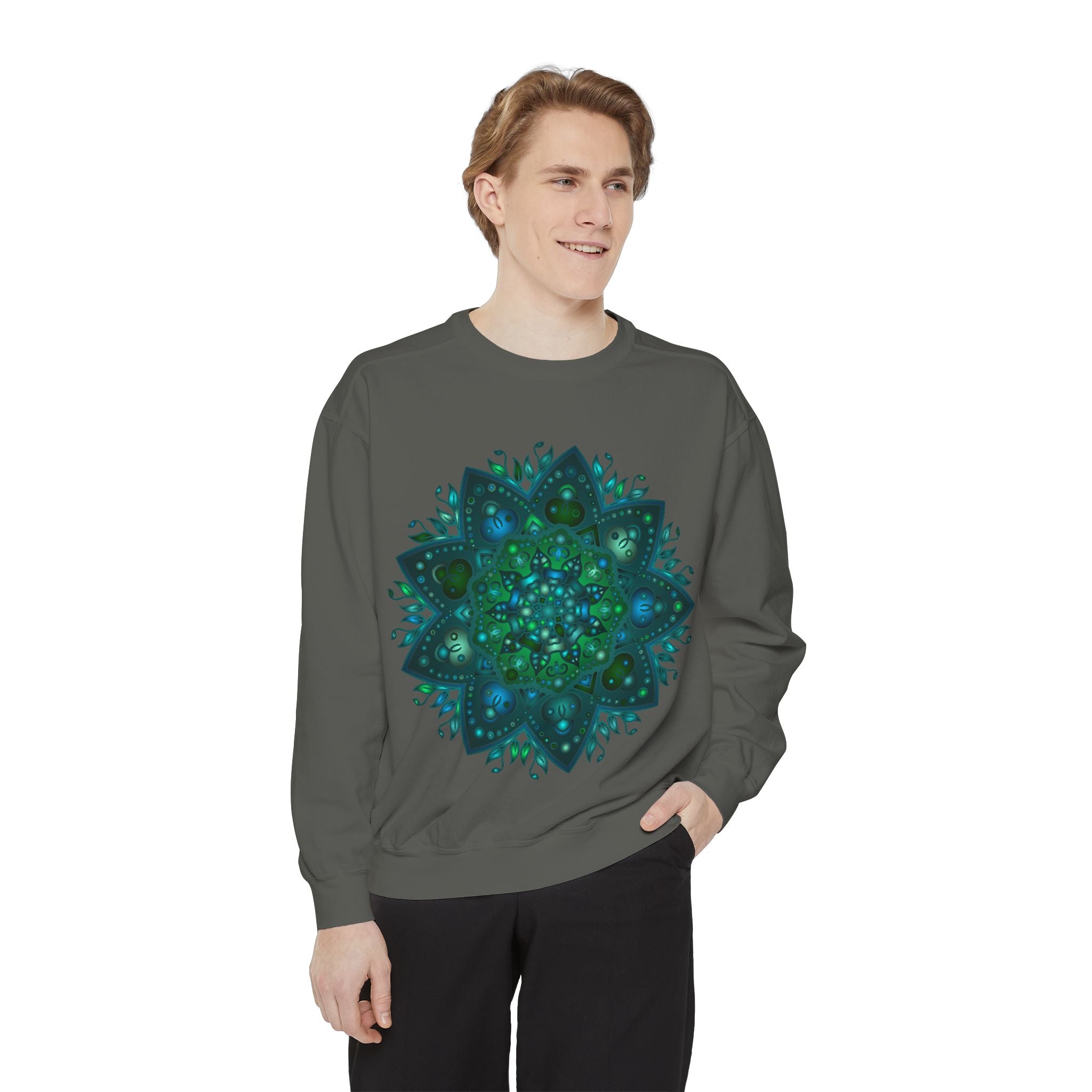 Teal and blue mandala sweatshirt with intricate design and vibrant colors