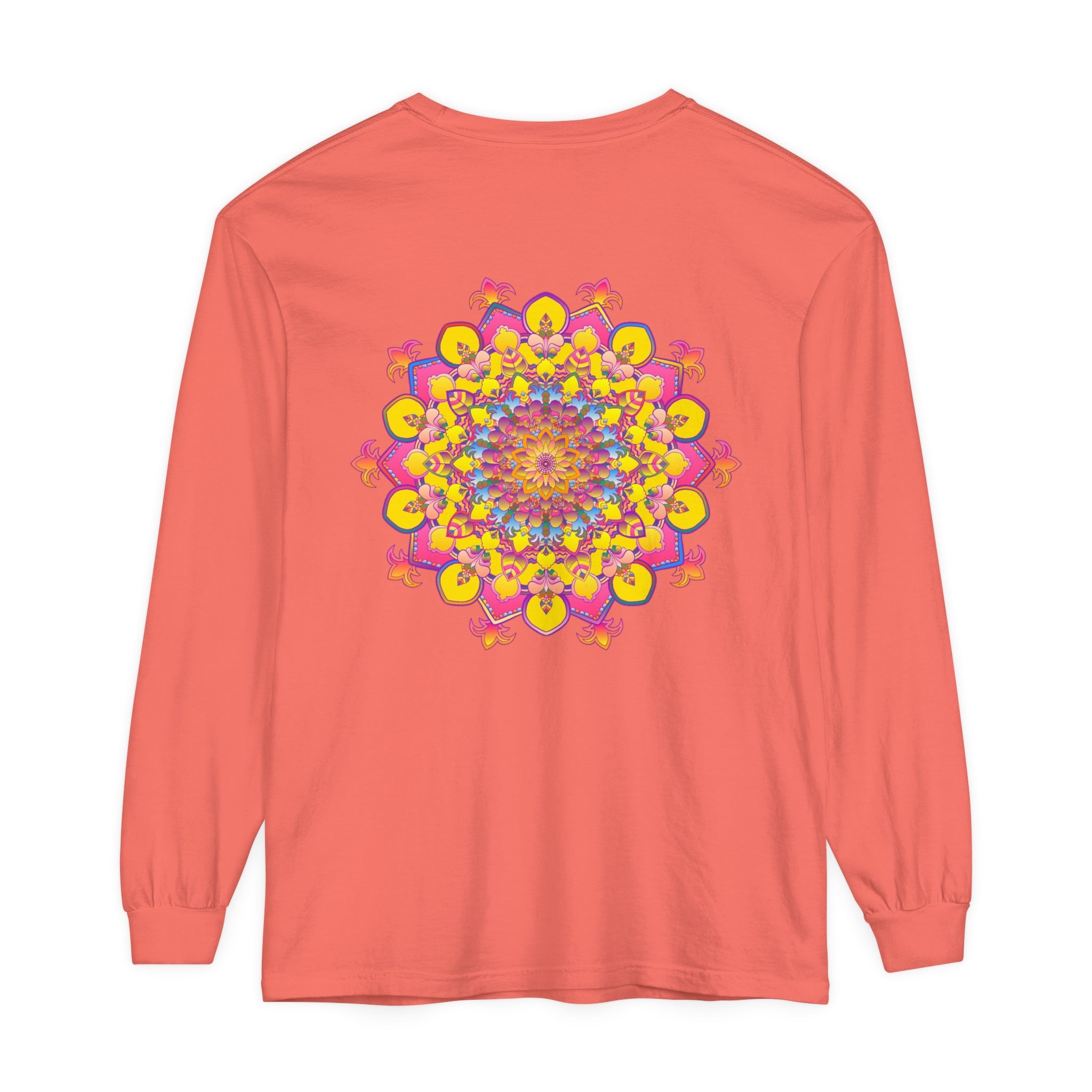 A colorful and intricate mandala design adorns this unisex long sleeve t-shirt