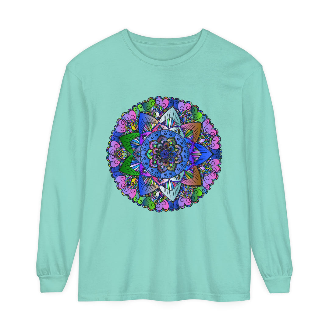 A vibrant mandala design adorns this unisex long sleeve t-shirt