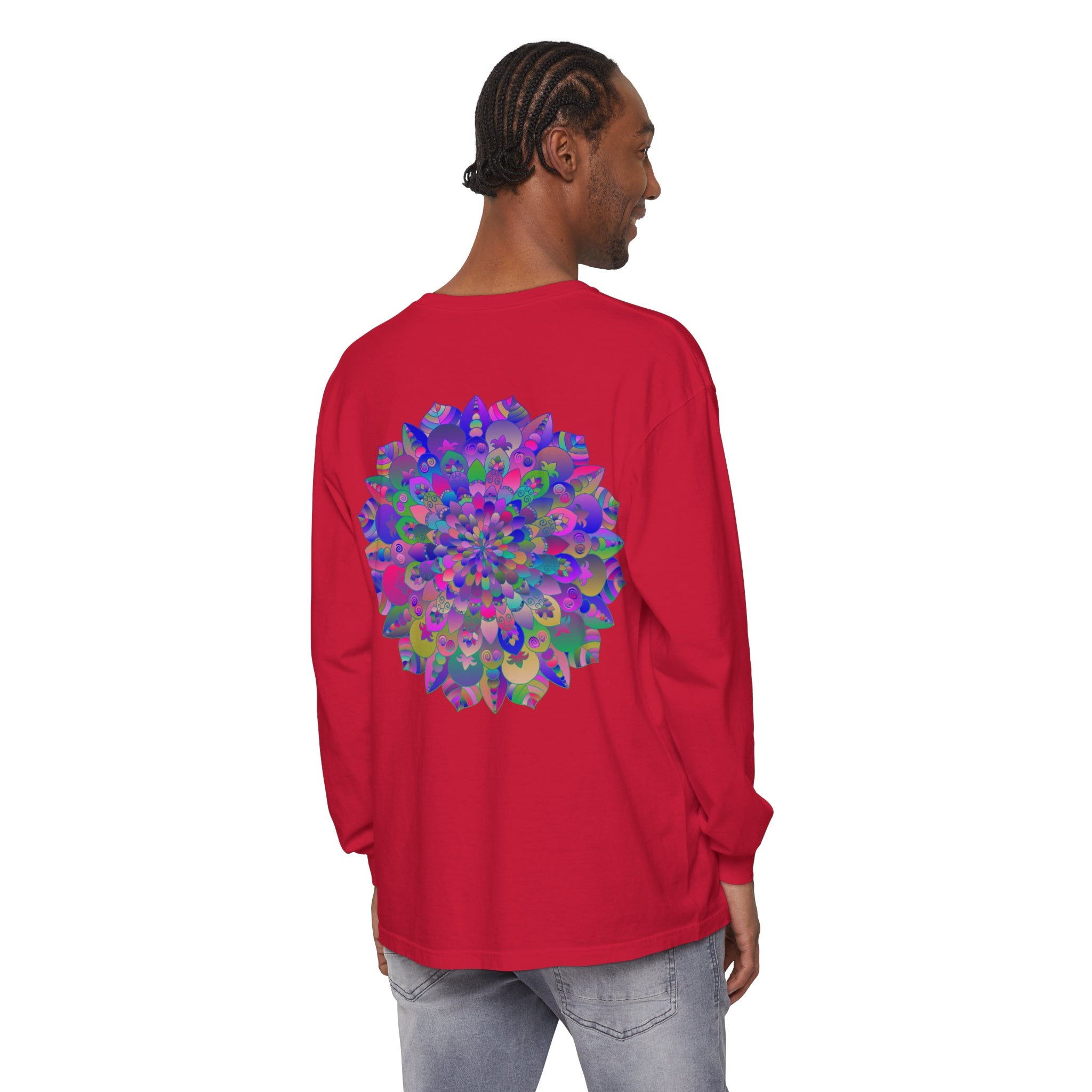 Colorful mandala design long sleeve t-shirt in vibrant hues and intricate patterns